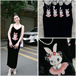 Váy hai dây nhung thêu thỏ hồng xoè váy