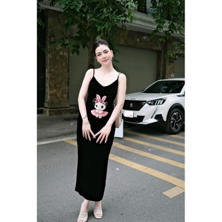 Váy hai dây nhung thêu thỏ hồng xoè váy