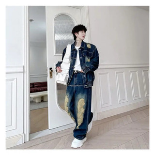 Set Demin Jeans Gồm Áo Dáng Boxy và Quần Jeans Ống Rộng Xé Rách