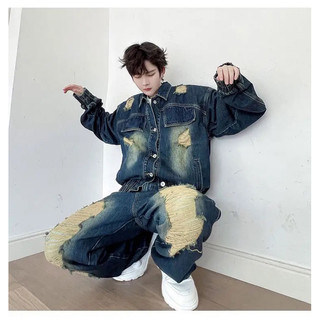 Set Demin Jeans Gồm Áo Dáng Boxy và Quần Jeans Ống Rộng Xé Rách