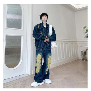 Set Demin Jeans Gồm Áo Dáng Boxy và Quần Jeans Ống Rộng Xé Rách