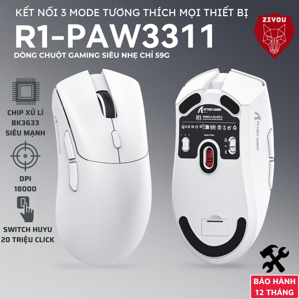 Chuột Gaming Không Dây Ziyou Attack Shark R1 Siêu Nhẹ Chip Paw3311 Cực Mạnh 3 Chế Độ Kết Nối Bluetooth / 2.4G / Type-C