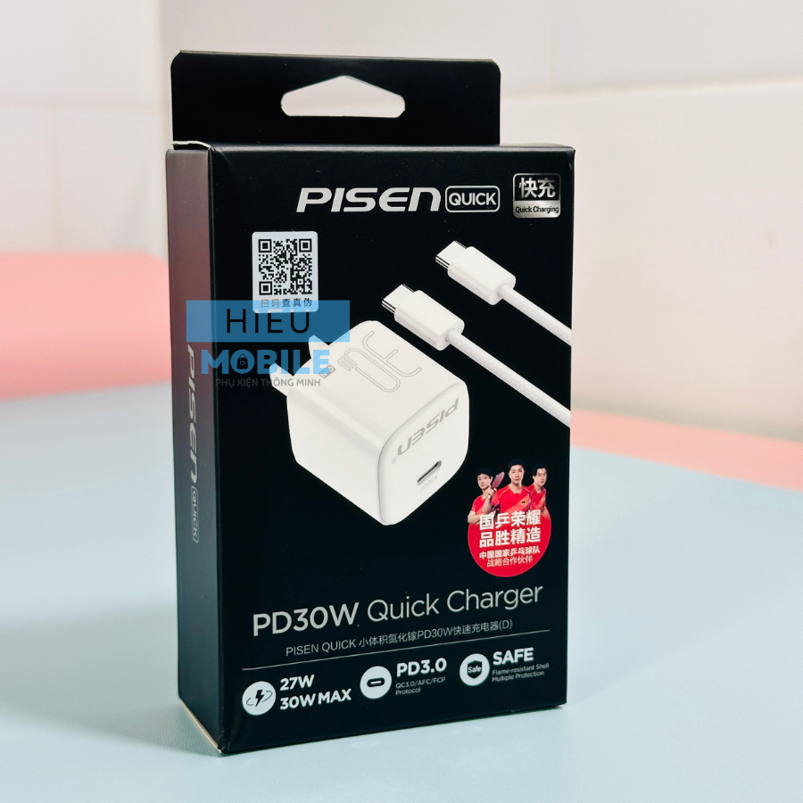 Bộ củ, cáp sạc Pisen Quick C175 30W siêu nhỏ gọn 1 cổng C, chuẩn PD 3.0, GaN