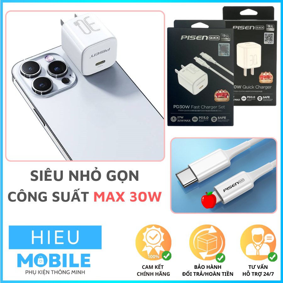 Bộ củ, cáp sạc Pisen Quick C175 30W siêu nhỏ gọn 1 cổng C, chuẩn PD 3.0, GaN