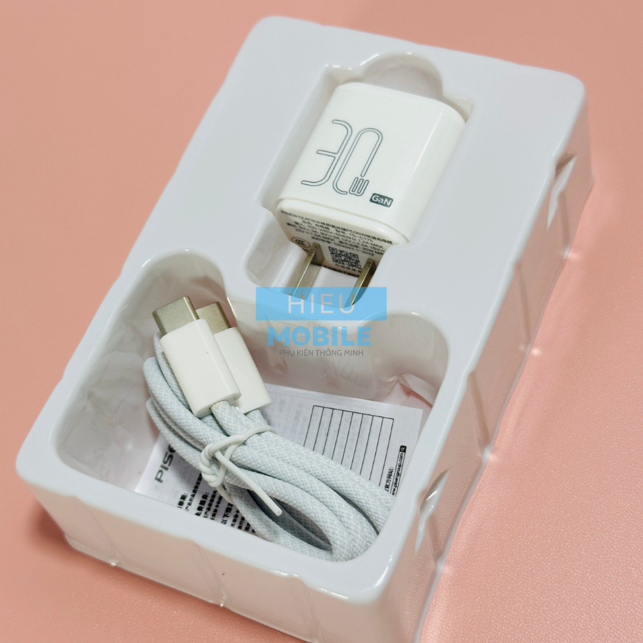 Bộ củ, cáp sạc Pisen Quick C175 30W siêu nhỏ gọn 1 cổng C, chuẩn PD 3.0, GaN