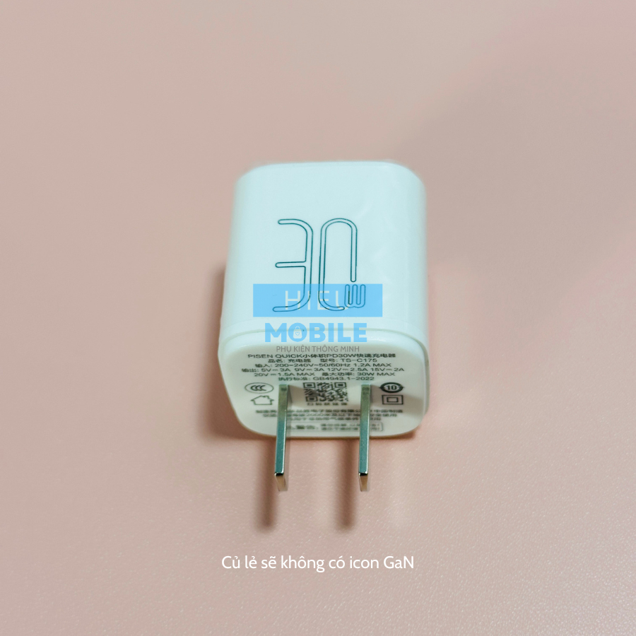 Bộ củ, cáp sạc Pisen Quick C175 30W siêu nhỏ gọn 1 cổng C, chuẩn PD 3.0, GaN