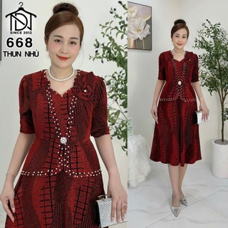 Đầm trung niên dự tiệc sang trọng vải kim tuyến nhũ kim sa đính đá tặng mẹ co giãn tốt bigsize 75kg M668