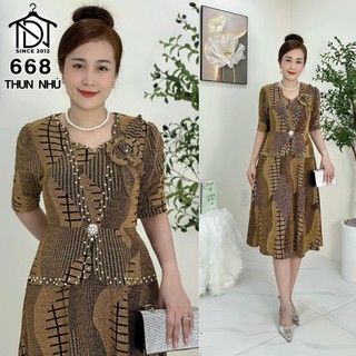 Đầm trung niên dự tiệc sang trọng vải kim tuyến nhũ kim sa đính đá tặng mẹ co giãn tốt bigsize 75kg M668
