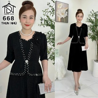 Đầm trung niên dự tiệc sang trọng vải kim tuyến nhũ kim sa đính đá tặng mẹ co giãn tốt bigsize 75kg M668
