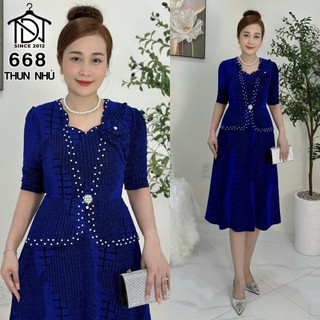 Đầm trung niên dự tiệc sang trọng vải kim tuyến nhũ kim sa đính đá tặng mẹ co giãn tốt bigsize 75kg M668