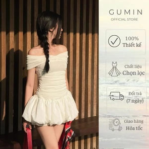 Đầm trễ vai GUMIN thiết kế nơ ngực có dúm eo kèm lót đùi bo chun phồng hai lớp cao cấp