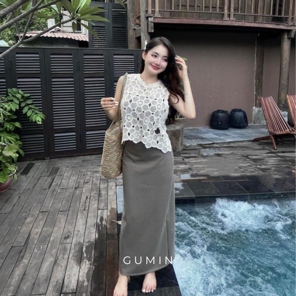 Áo ren ba lỗ GUMIN thiết kế ren hoa phối viền bèo thanh lịch sang trọng