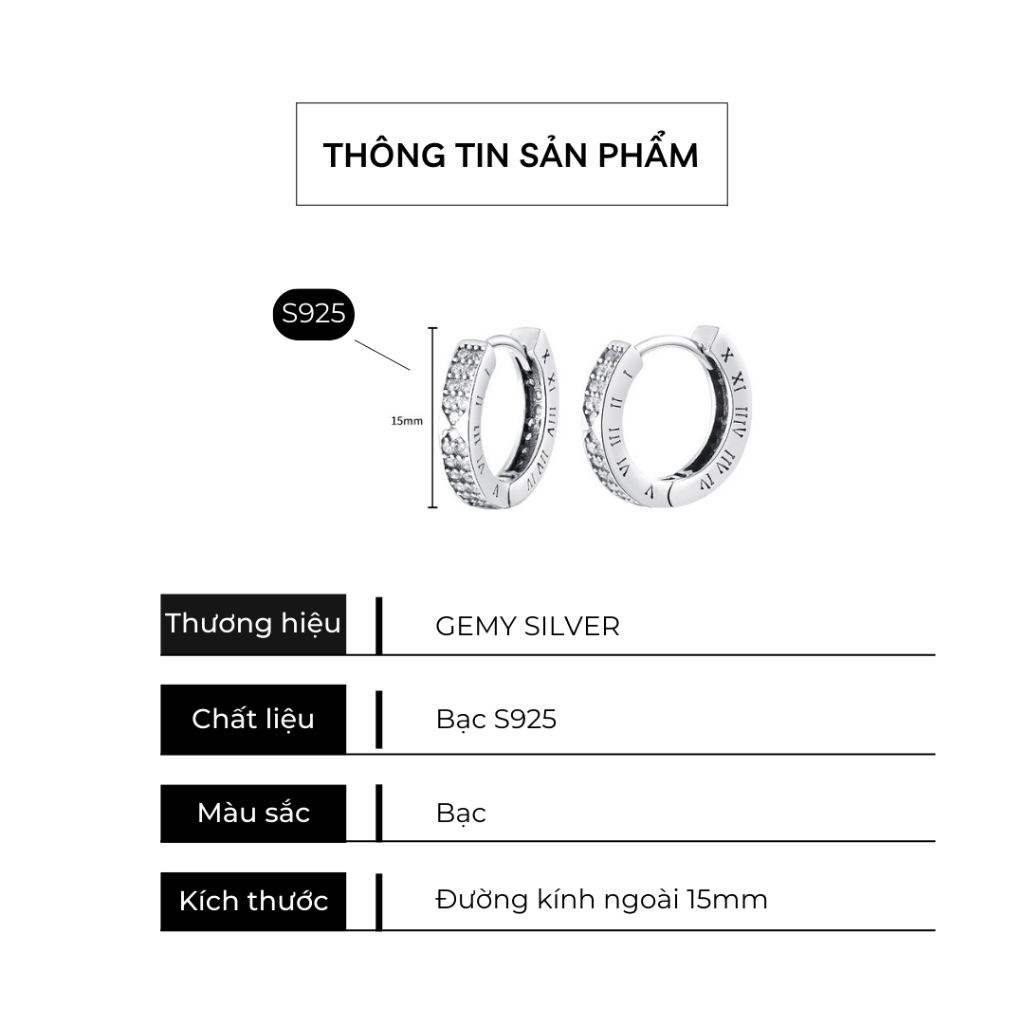 Khuyên tai tròn nam bạc 925 khắc số La Mã cực chất, cá tính Timeless 2 (1 chiếc) | GEMY SILVER KN124