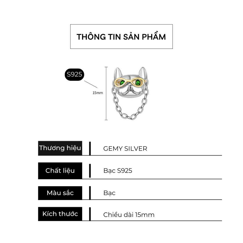 Khuyên tai tròn nam bạc 925 thiết kế hình mặt mèo đeo mắt xích Hiphop Boss Cat (1 chiếc) | GEMY SILVER KN125