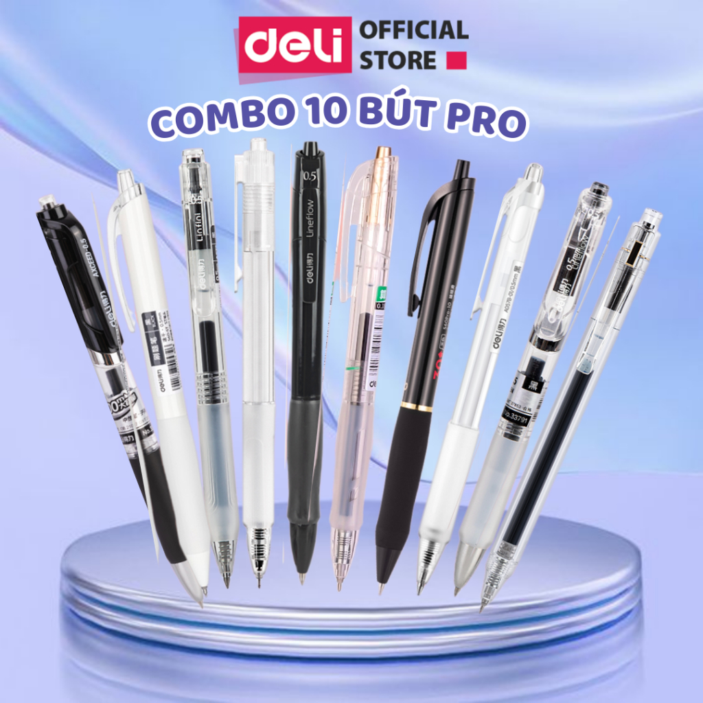 Combo 10 Bút Gel Hot Trải Nghiệm Deli Các Loại A575 A057B Thiết Kế Vỏ Trong Suốt Ngòi 0.5mm