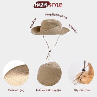 Mũ cao bồi nam nữ trơn basic HAZIN vải kaki dày dặn, mũ tai bèo vành rộng chống nắng có dây quai phong cách Hàn Quốc