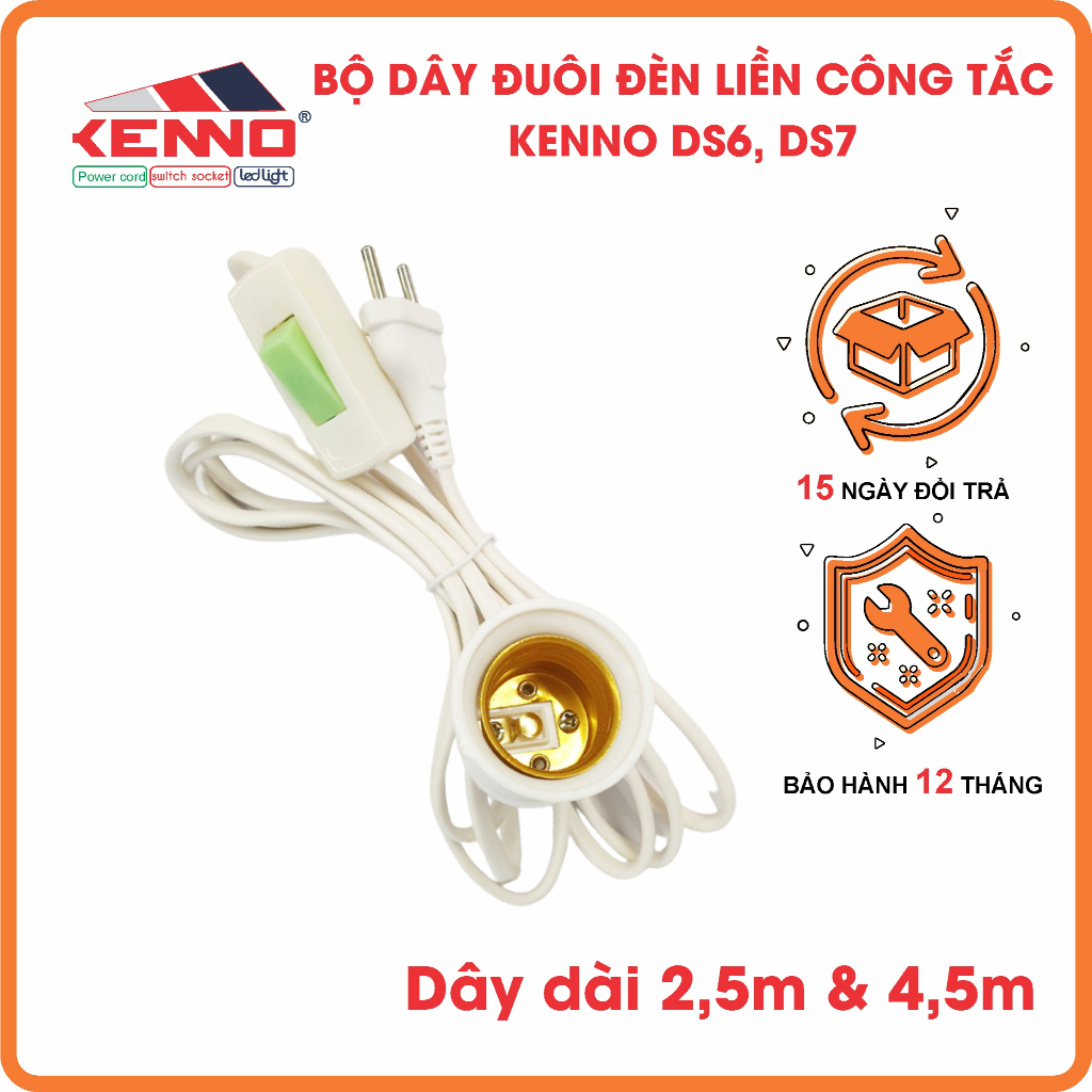 Bộ dây đuôi đèn liền công tắc dạ quang Kenno DS sẵn phích cắm