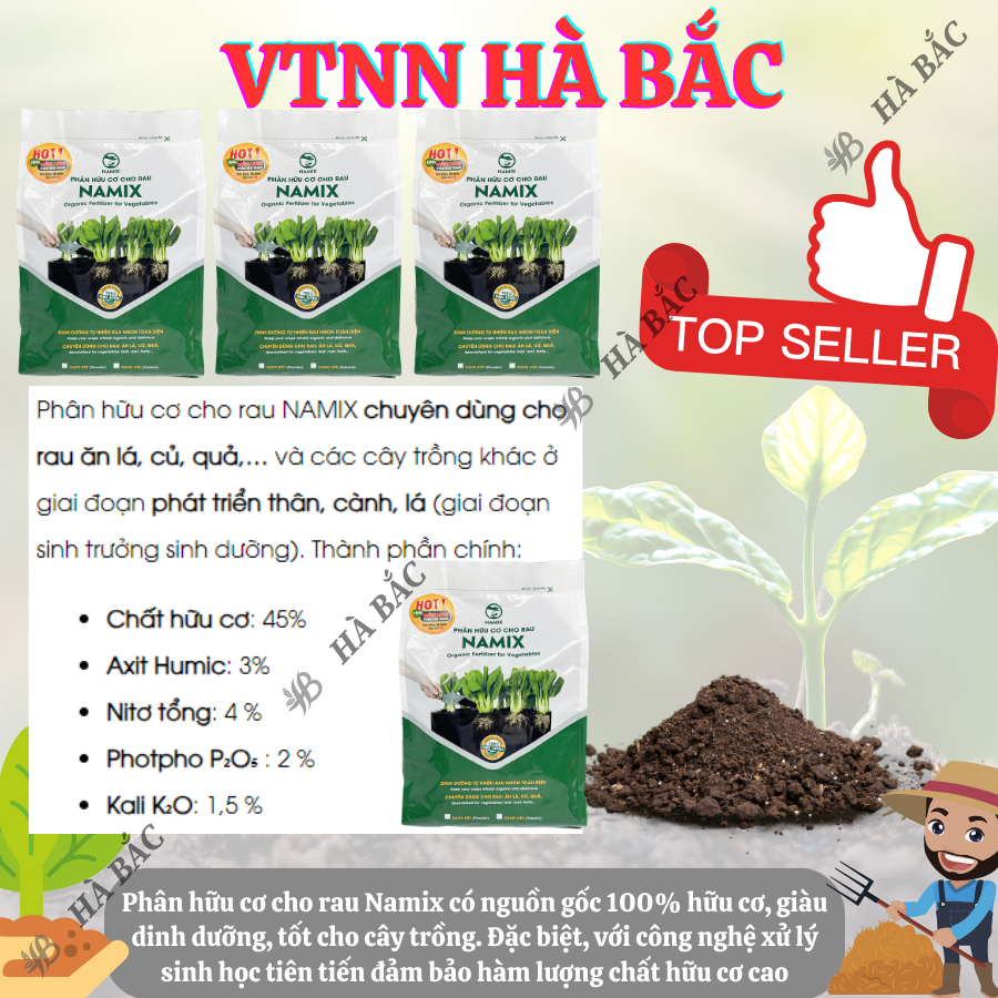 Phân bón cho rau Namix gói 2kg, Phân hữu cơ cho rau NAMIX chuyên dùng cho rau ăn lá, củ, quả