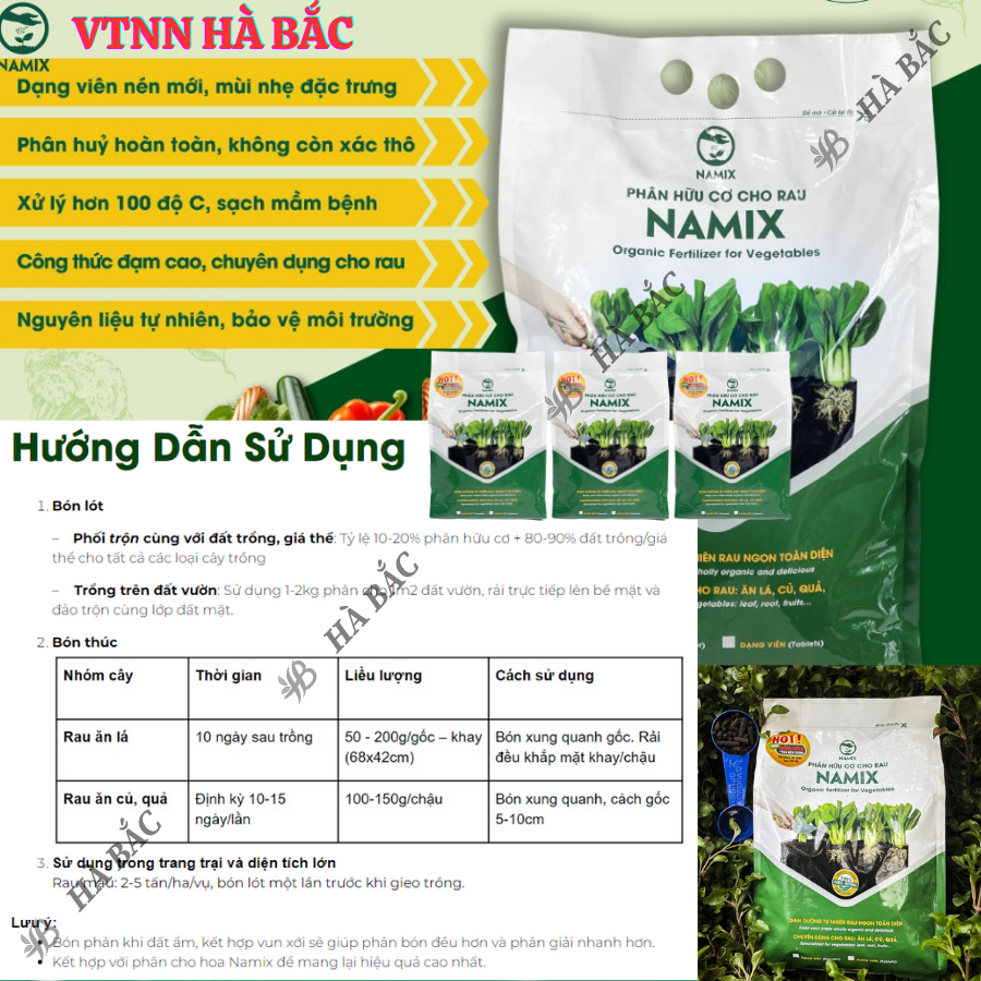 Phân bón cho rau Namix gói 2kg, Phân hữu cơ cho rau NAMIX chuyên dùng cho rau ăn lá, củ, quả