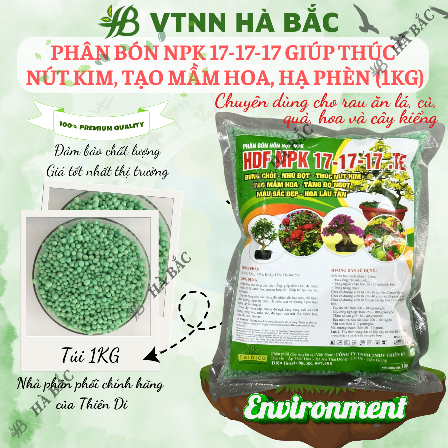 Phân Bón NPK 17-17-17 giúp thúc nút kim - tạo mầm hoa - tăng độ ngọt - màu sắc đẹp - hoa lâu Bung chồi - nhú đọt (1KG)
