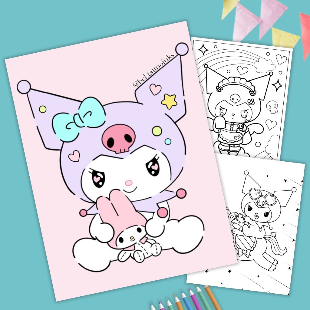 Bộ 50 tranh tô màu cho bé chủ đề Kuromi Size A4, A5. Giúp bé tập tô màu ...