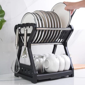 Kệ 2 Tầng úp chén, bát đĩa , kệ bát đĩa đa năng có ống muỗng đũa và móc treo LH-3639