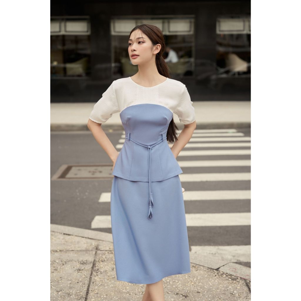 Vella Fashion đầm midi dáng peplum tay ngắn, váy dự tiệc thắt lưng hoa VD24045 - Size S