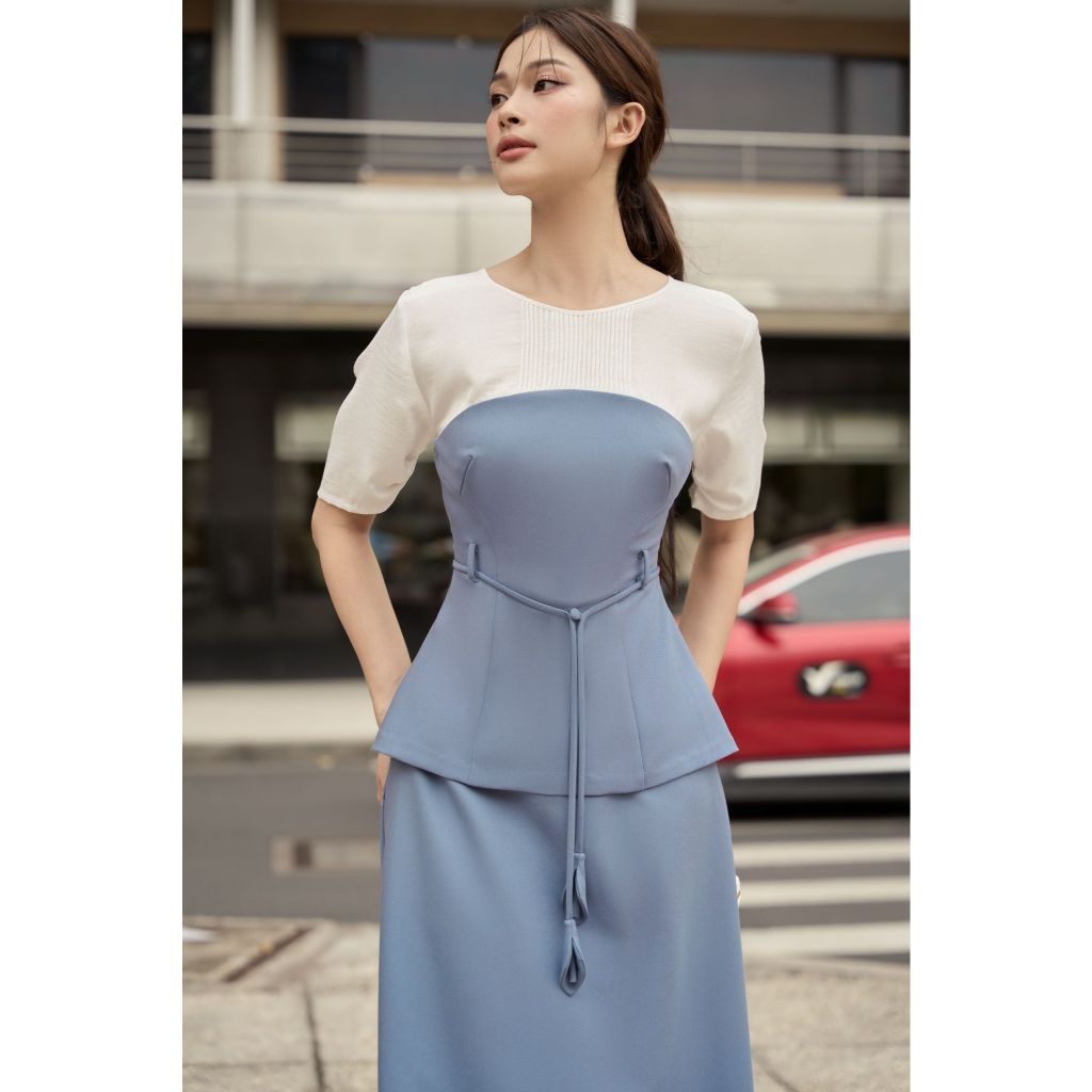 Vella Fashion đầm midi dáng peplum tay ngắn, váy dự tiệc thắt lưng hoa VD24045 - Size S