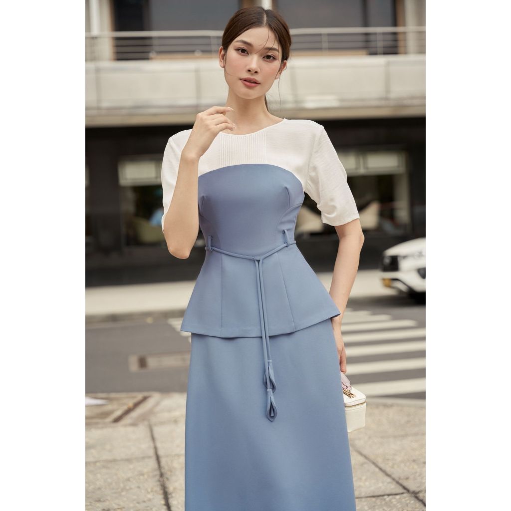 Vella Fashion đầm midi dáng peplum tay ngắn, váy dự tiệc thắt lưng hoa VD24045 - Size S
