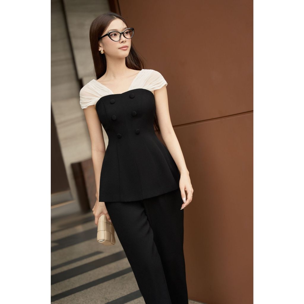 Vella Fashion áo peplum công sở nữ vai phối voan xếp ly thanh lịch VA24039
