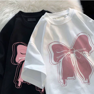 [Cotton mát] Áo thun tay lỡ unisex nữ Nơ Hồng 5D in trước ngực-Áo phông unisex nam nữ basic phong cách hàn quốc ulzzang