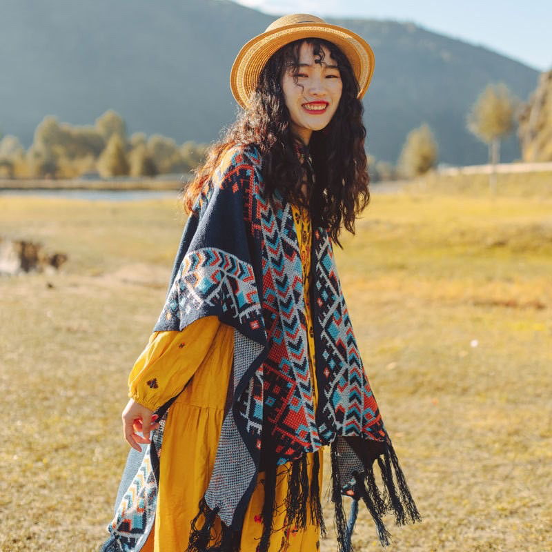 [Hang Sẵn] Áo Choàng Thổ Cẩm Có Ống Tay Màu Tối Thời Trang Bohemian