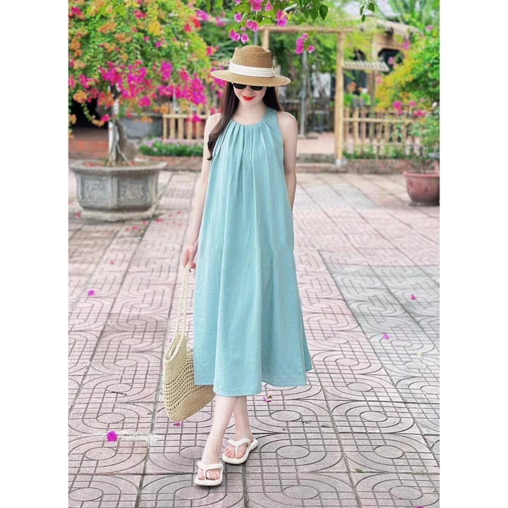 Đầm Bầu Váy Bầu Dáng Suông Sát Nách Xếp Ly Cổ Phong Cách Hàn Quốc - Đầm Bầu Thiết Kế Đi Chơi, Đi Biển Thai Sản Thoải Mái
