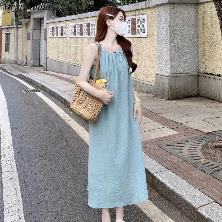 Đầm Bầu Váy Bầu Dáng Suông Sát Nách Xếp Ly Cổ Phong Cách Hàn Quốc - Đầm Bầu Thiết Kế Đi Chơi, Đi Biển Thai Sản Thoải Mái