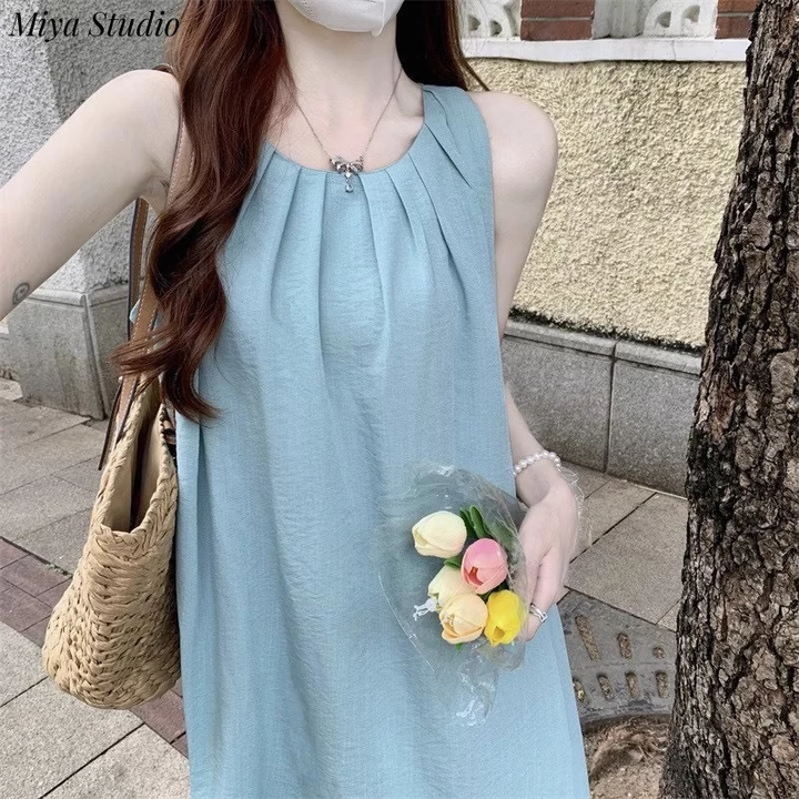 Đầm Bầu Váy Bầu Dáng Suông Sát Nách Xếp Ly Cổ Phong Cách Hàn Quốc - Đầm Bầu Thiết Kế Đi Chơi, Đi Biển Thai Sản Thoải Mái