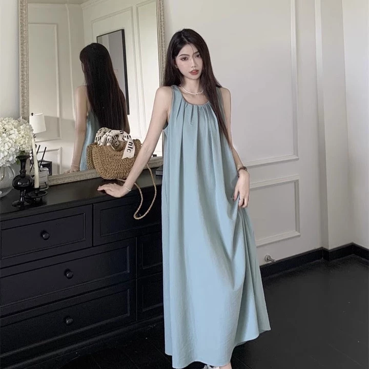 Đầm Bầu Váy Bầu Dáng Suông Sát Nách Xếp Ly Cổ Phong Cách Hàn Quốc - Đầm Bầu Thiết Kế Đi Chơi, Đi Biển Thai Sản Thoải Mái
