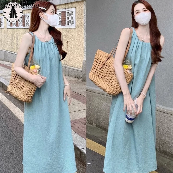 Đầm Bầu Váy Bầu Dáng Suông Sát Nách Xếp Ly Cổ Phong Cách Hàn Quốc - Đầm Bầu Thiết Kế Đi Chơi, Đi Biển Thai Sản Thoải Mái