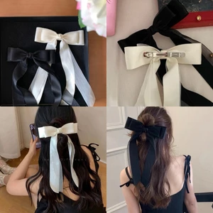 Kẹp tơ voan hình nơ đuôi dài có đính chuỗi châu tiểu thư xinh xắn cho bạn gái tone màu pastel nhẹ nhàng
