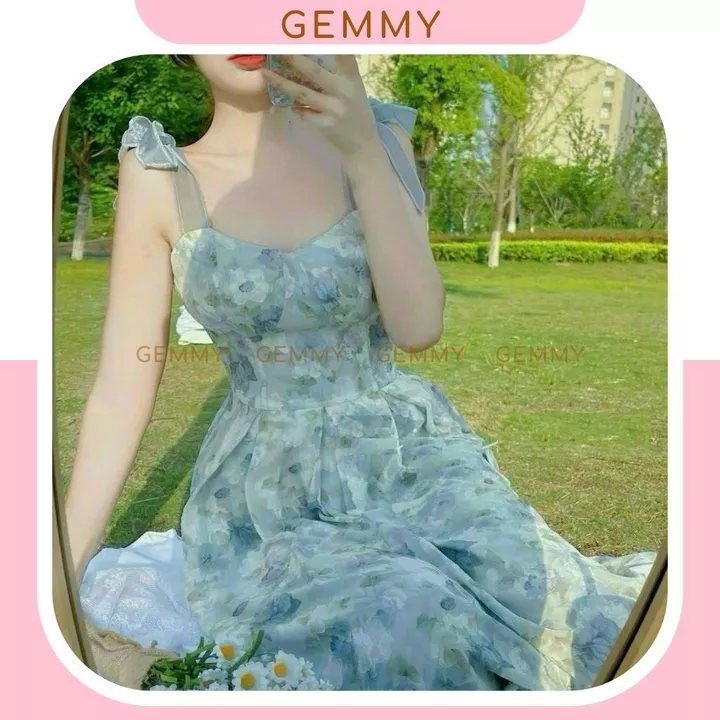 Váy hoa nhí, váy hoa nhí dáng dài, maxi voan hoa 2 dây dáng dài sang chảnh vải chiffon cao cấp có mút ngực - GEMMY