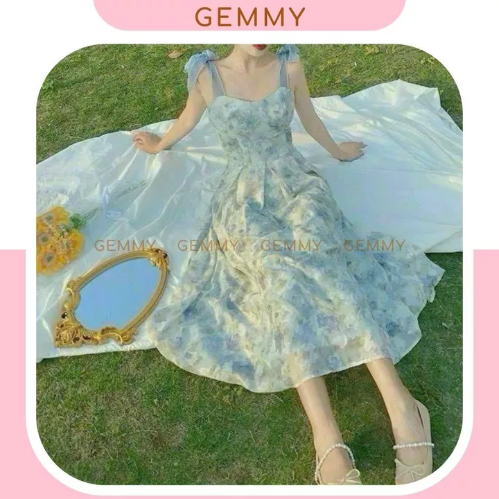 Váy hoa nhí, váy hoa nhí dáng dài, maxi voan hoa 2 dây dáng dài sang chảnh vải chiffon cao cấp có mút ngực - GEMMY
