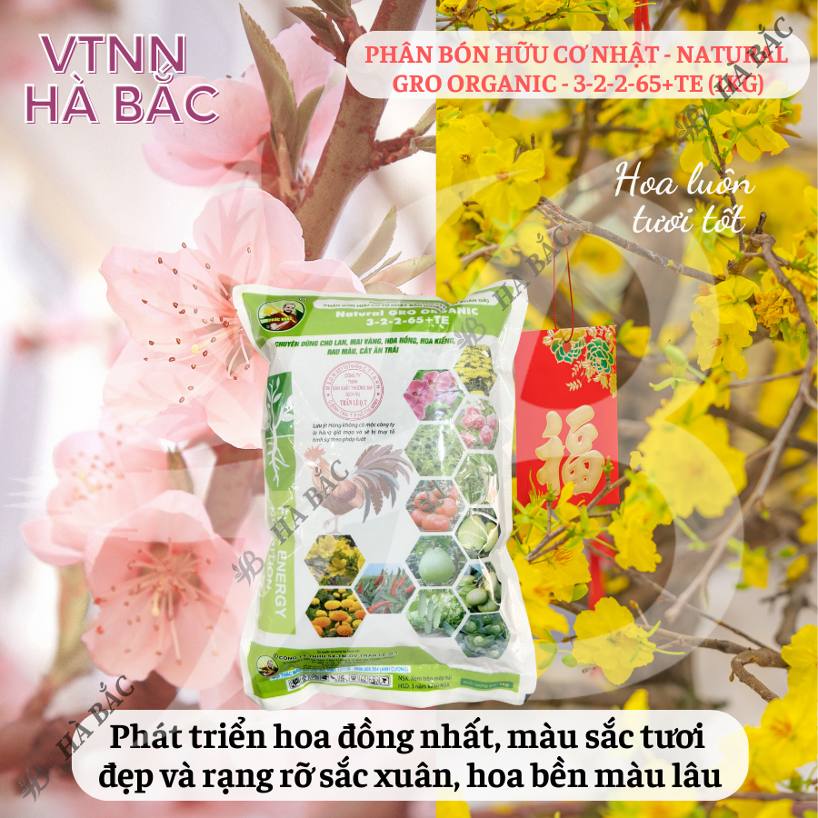 Phân Bón Hữu Cơ Nhật Cuốc Vàng - Natural Gro Organic 3-2-2-65+Te, dùng cho hoa mai, hoa hồng cây kiểng (túi 1kg)