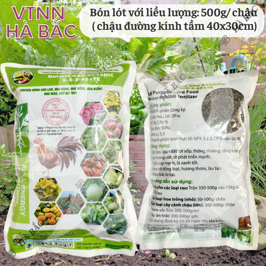Phân Bón Hữu Cơ Nhật Cuốc Vàng - Natural Gro Organic 3-2-2-65+Te, dùng cho hoa mai, hoa hồng cây kiểng (túi 1kg)