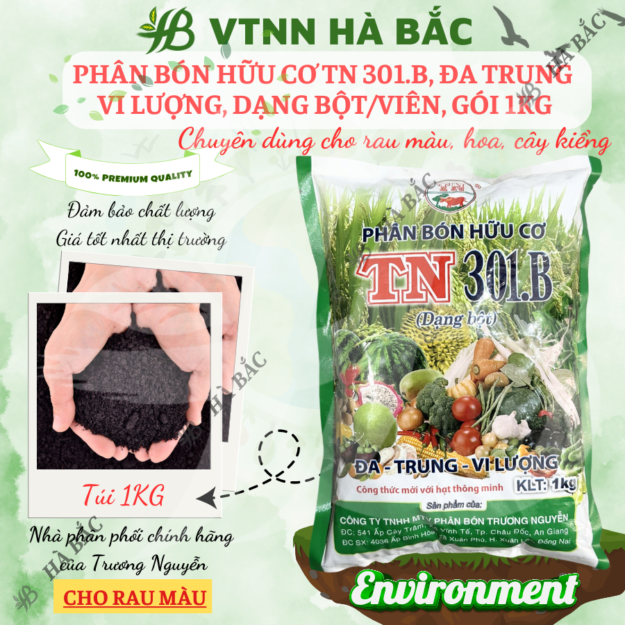 Phân bón hữu cơ đầu trâu TN 301.B, đa trung vi lượng, dạng bột/viên dùng cho rau màu (gói 1KG)