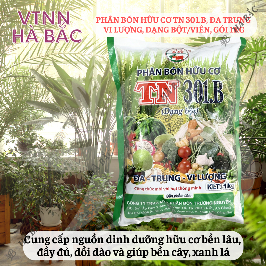 Phân bón hữu cơ đầu trâu TN 301.B, đa trung vi lượng, dạng bột/viên dùng cho rau màu (gói 1KG)
