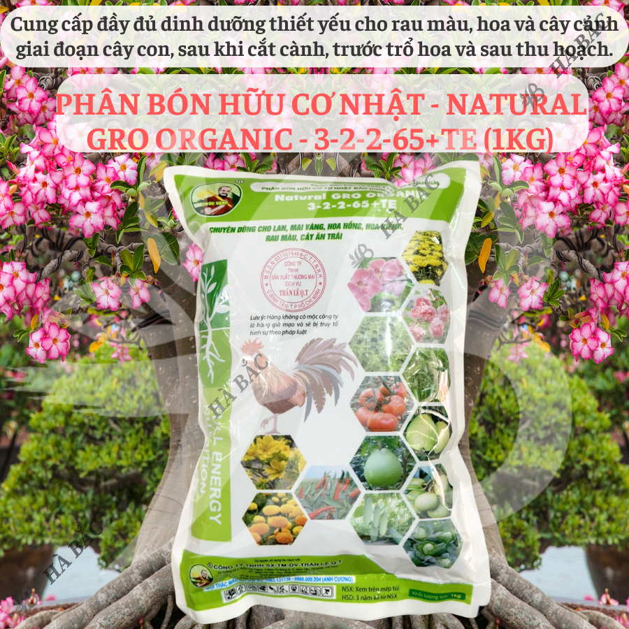 Phân Bón Hữu Cơ Nhật Cuốc Vàng - Natural Gro Organic 3-2-2-65+Te, dùng cho hoa mai, hoa hồng cây kiểng (túi 1kg)