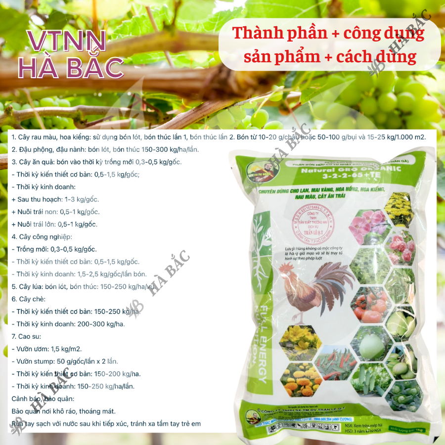 Phân Bón Hữu Cơ Nhật Cuốc Vàng - Natural Gro Organic 3-2-2-65+Te, dùng cho hoa mai, hoa hồng cây kiểng (túi 1kg)
