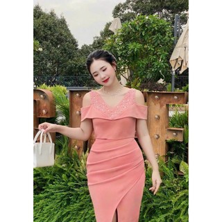 Đầm body đính kết hở vai [Đầm váy dự tiệc sang trong ] đỏ, hồng, đen, trắng B051
