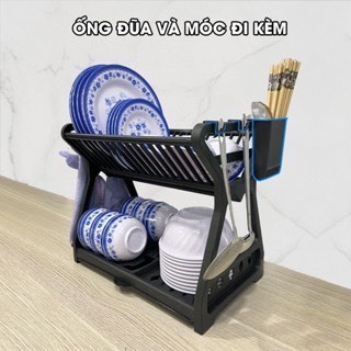 Kệ úp chén, kệ đễ bát đĩa, kệ úp ly đa năng có ống đũa, móc treo LH-3639 với thanh INOX chịu lực