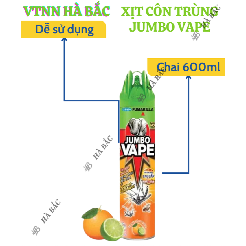 Chế phẩm xịt côn trùng, xịt muỗi Jumbo vape, hương cam chanh (chai 600 ml)