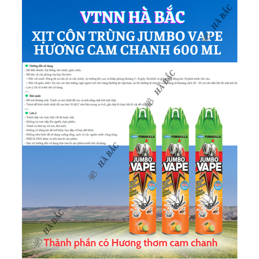 Chế phẩm xịt côn trùng, xịt muỗi Jumbo vape, hương cam chanh (chai 600 ml)
